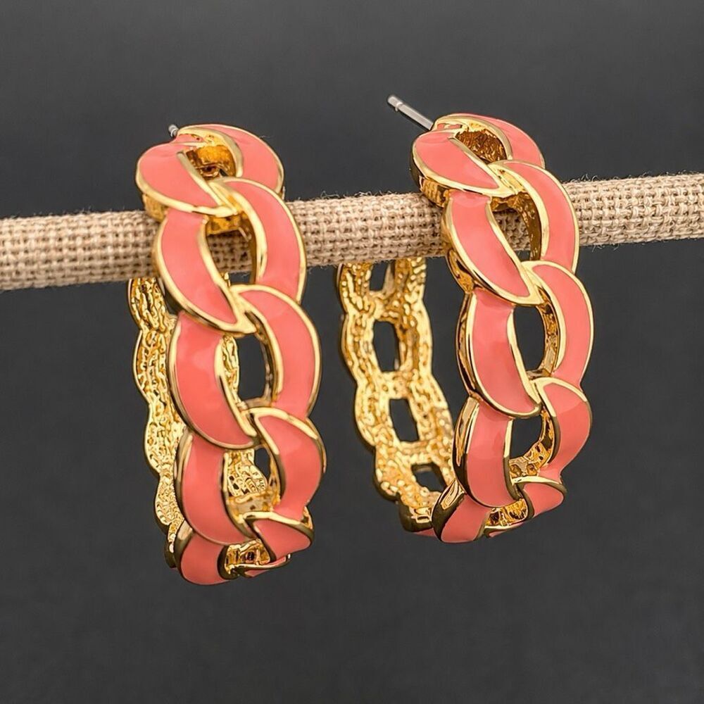 QVC Isaac Mizrahi Live! Pink & Gold Tone Enamel Open Link Hoop Earrings